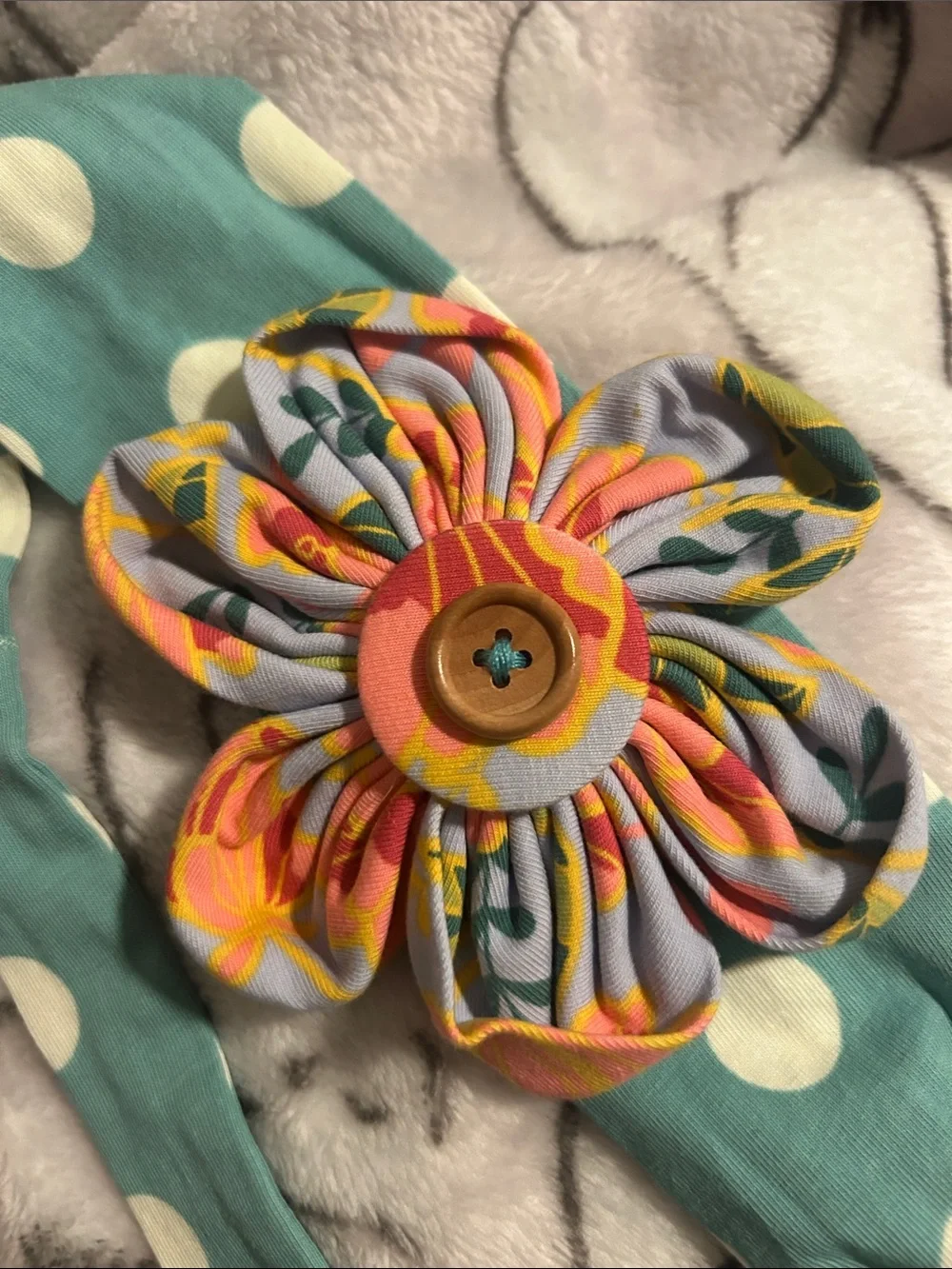 Matilda Jane….Polka Dot Teal Kids Headband with Floral Flower Accent